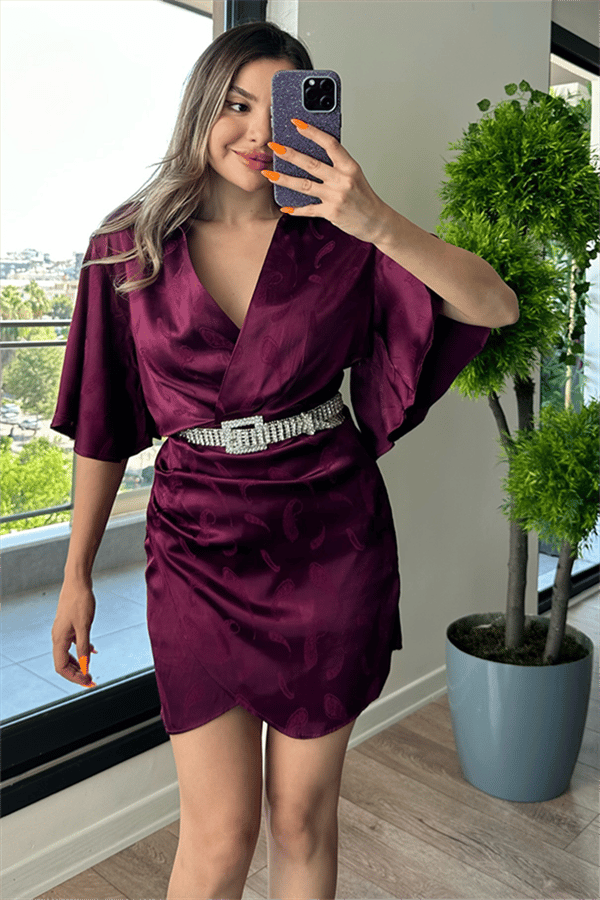 Yarasa kol patlıcan moru saten elbise