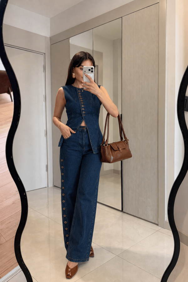 Yuanne Düğme Detaylı Denim Takım