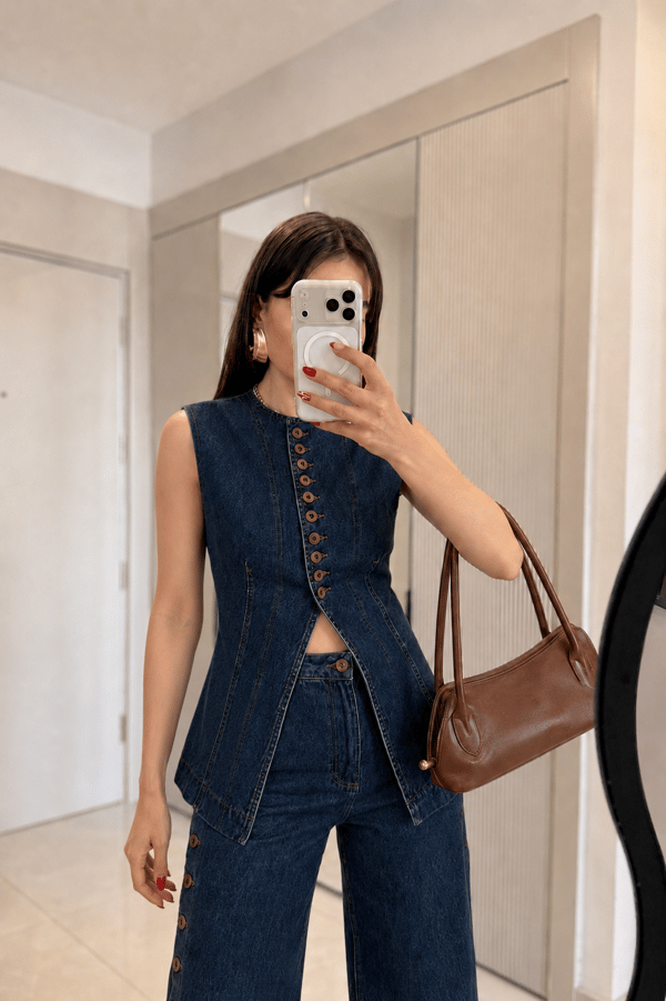 Yuanne Düğme Detaylı Denim Takım