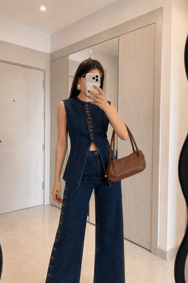 Yuanne Düğme Detaylı Denim Takım