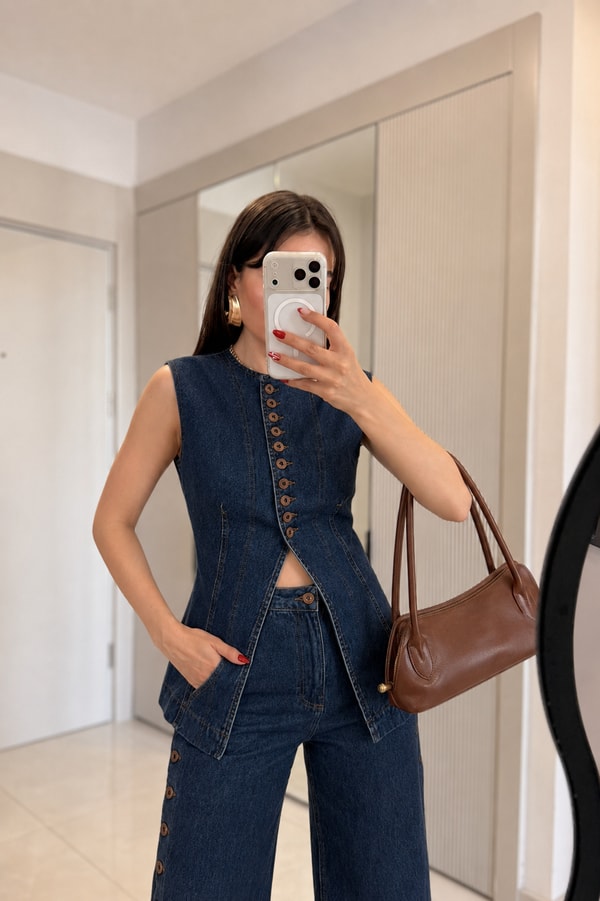 Yuanne Düğme Detaylı Denim Takım