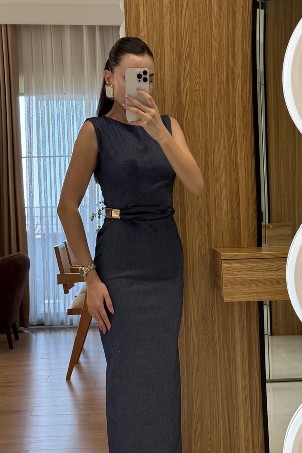 Zaina Lacivert Beli Büzgü Detaylı Denim Elbise