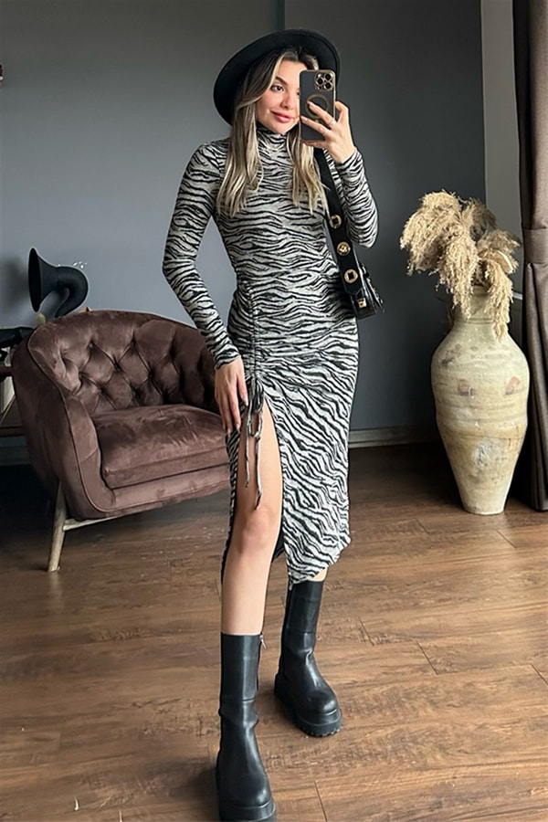 Zebra desen büzgülü elbise