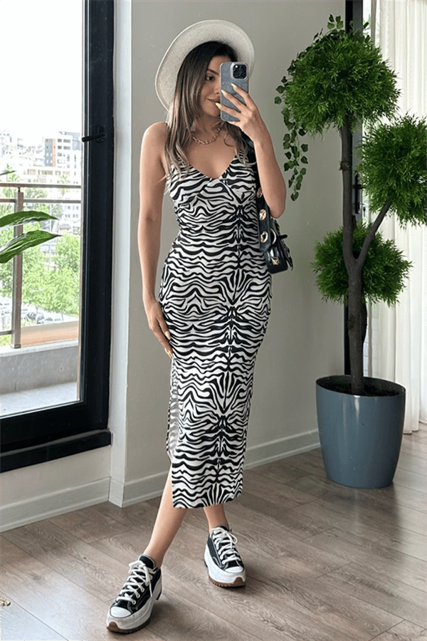 Zebra desen yırtmaçlı elbise