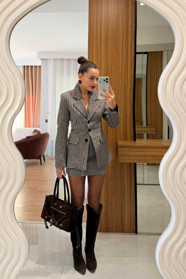 Zeina Kahve Blazer Etek Tüvit Takım