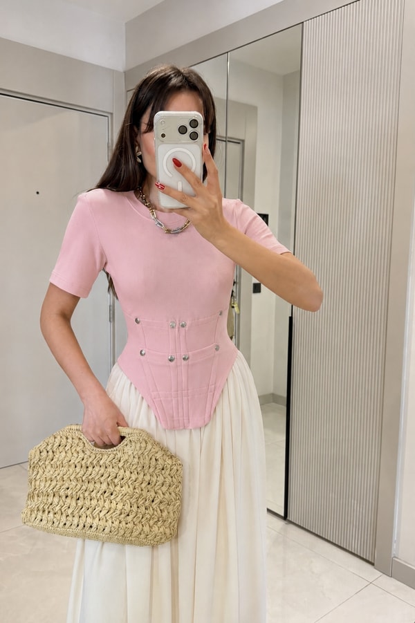 Zeland Pembe Korse Detaylı Tshirt