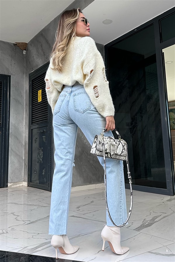 Zr iki dizi yırtıklı lightblue mom jean