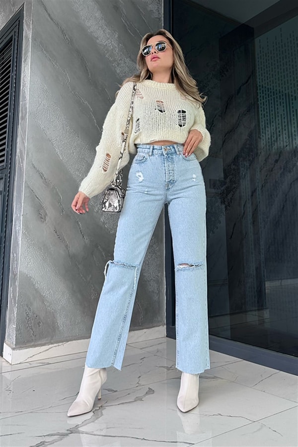 Zr iki dizi yırtıklı lightblue mom jean