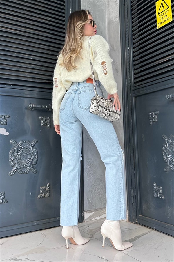 Zr iki dizi yırtıklı lightblue mom jean
