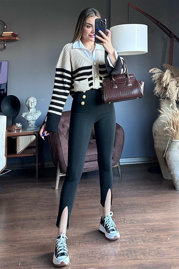 Zr model yırtmaçlı gold düğmeli tayt
