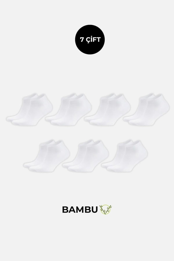 BAMBU Erkek Kutulu 7 Çift Patik Çorap Beyaz