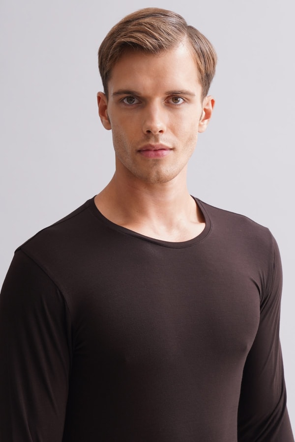 BAMBU HERCULES Slim Fit Bisiklet Yaka Uzun Kollu Erkek Fanila Kahverengi