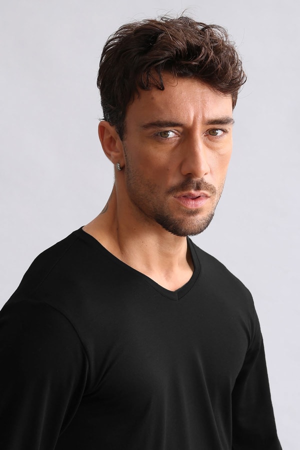 BAMBU HERCULES Slim Fit V Yaka Uzun Kollu Erkek  Fanila Siyah