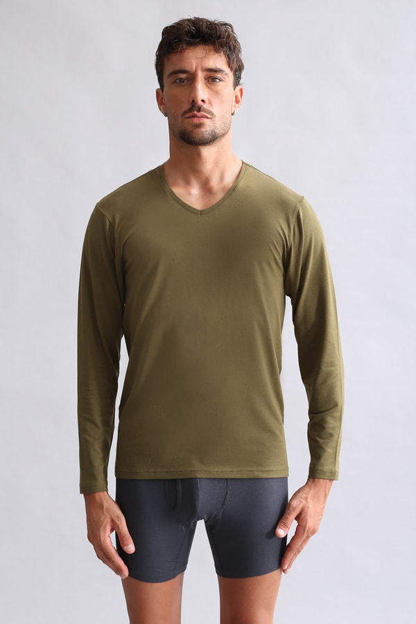 BAMBU HERCULES Slim Fit V Yaka Uzun Kollu Erkek  Fanila Koyu Haki