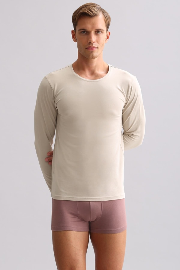 Erkek Modal by TENCEL HERCULES Slim Fit Bisiklet Yaka Uzun Kollu Fanila Toprak Bej