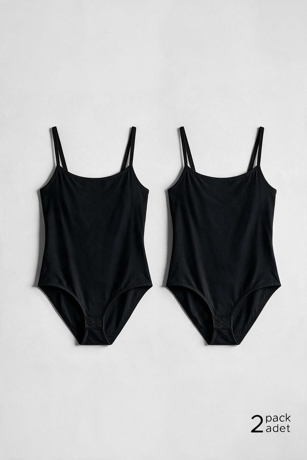 Kadın Pamuklu İkili İnce Askılı Çıtçıtlı Bodysuit Basic Atlet Siyah