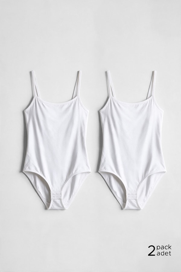Kadın Pamuklu İkili İnce Askılı Çıtçıtlı Bodysuit Basic Atlet Beyaz