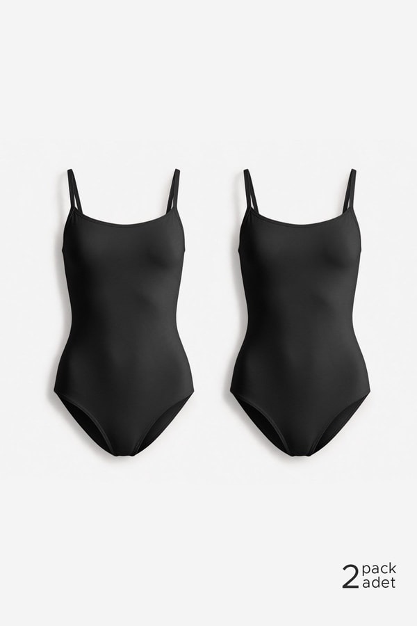 Kadın Pamuklu İkili İnce Askılı Çıtçıtlı Bodysuit Basic Atlet Siyah