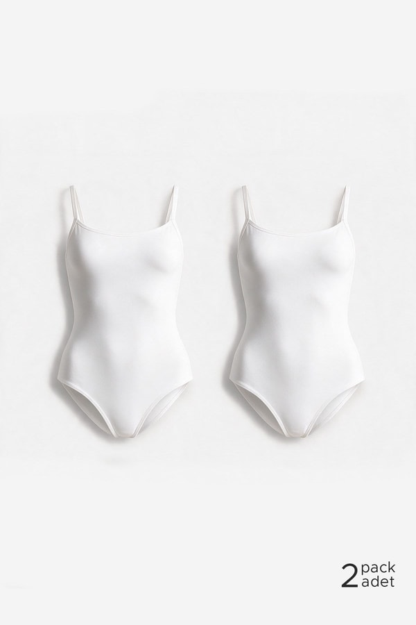 Kadın Pamuklu İkili İnce Askılı Çıtçıtlı Bodysuit Basic Atlet Beyaz
