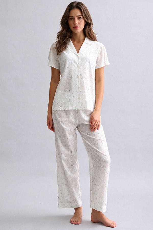 Kadın Vual Gömlek Pijama İkili Takım Beyaz