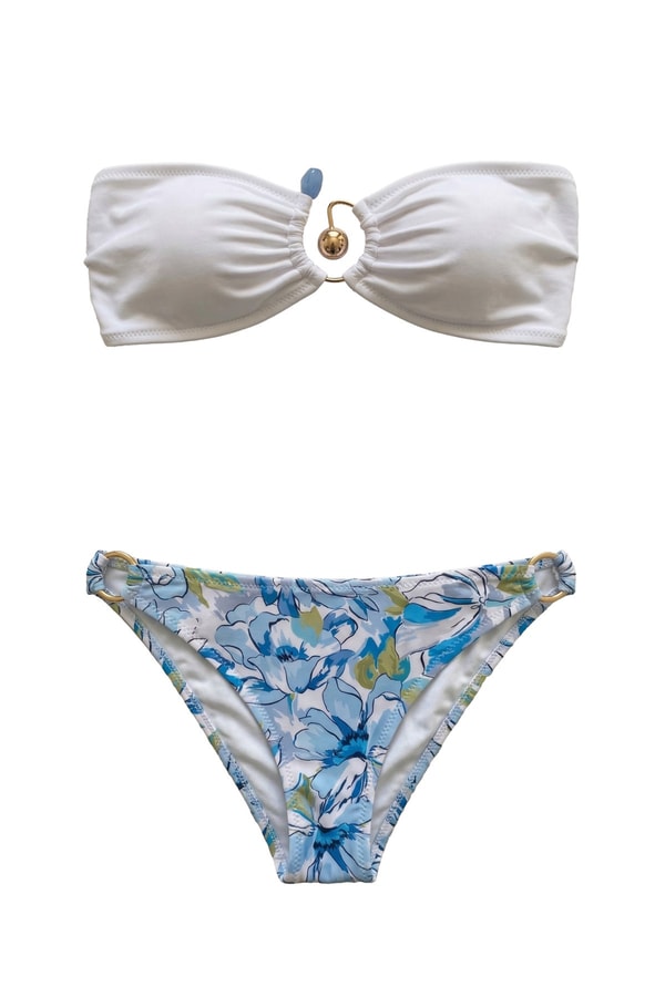Mısırlı Aksesuarlı Soft Straplez Bikini Takım Beyaz/Mavi