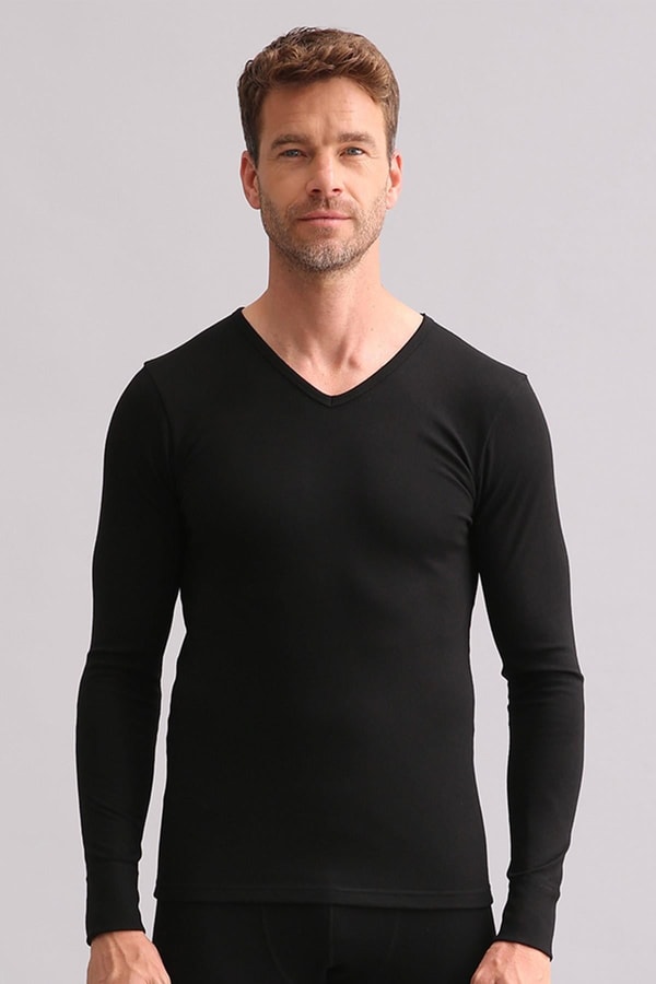 Mısırlı BAMBU TERMAL V Yaka Uzun Kollu Fanila / Sweatshirt Siyah