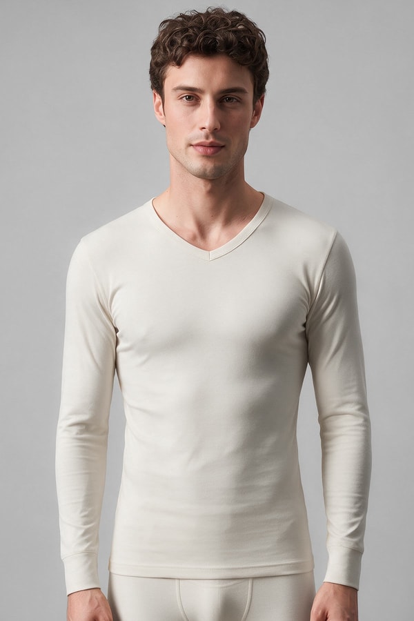 Mısırlı BAMBU TERMAL V Yaka Uzun Kollu Fanila / Sweatshirt Ekru