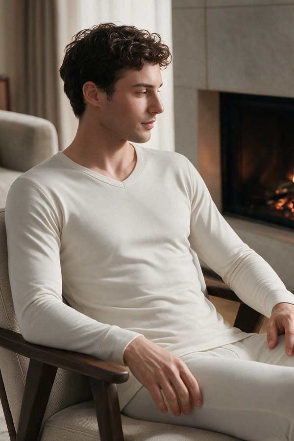Mısırlı BAMBU TERMAL V Yaka Uzun Kollu Fanila / Sweatshirt Ekru