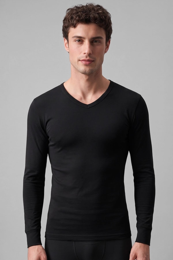 Mısırlı BAMBU TERMAL V Yaka Uzun Kollu Fanila / Sweatshirt Siyah