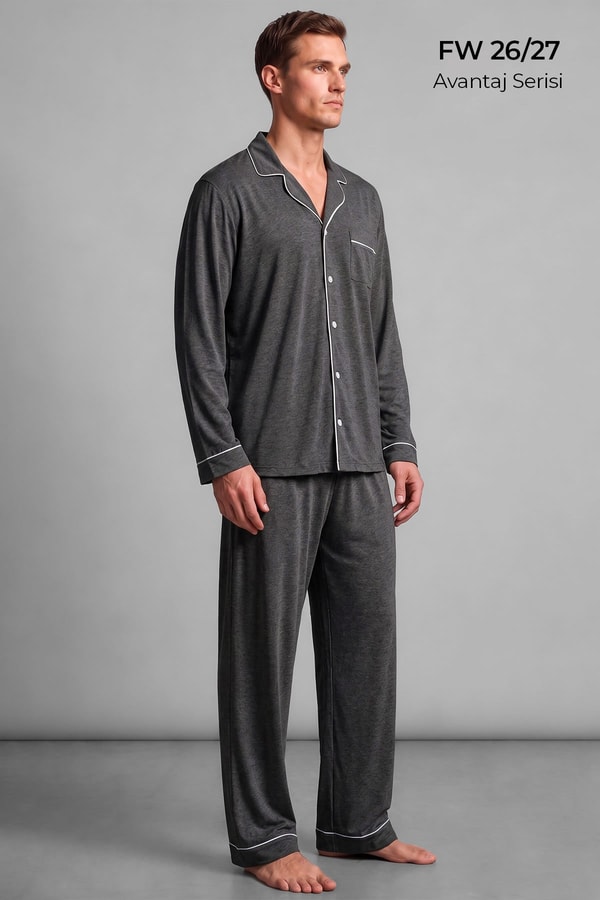 Mısırlı Erkek Gömlek Yaka Biye Detaylı Pijama Takım Antrasit Melanj