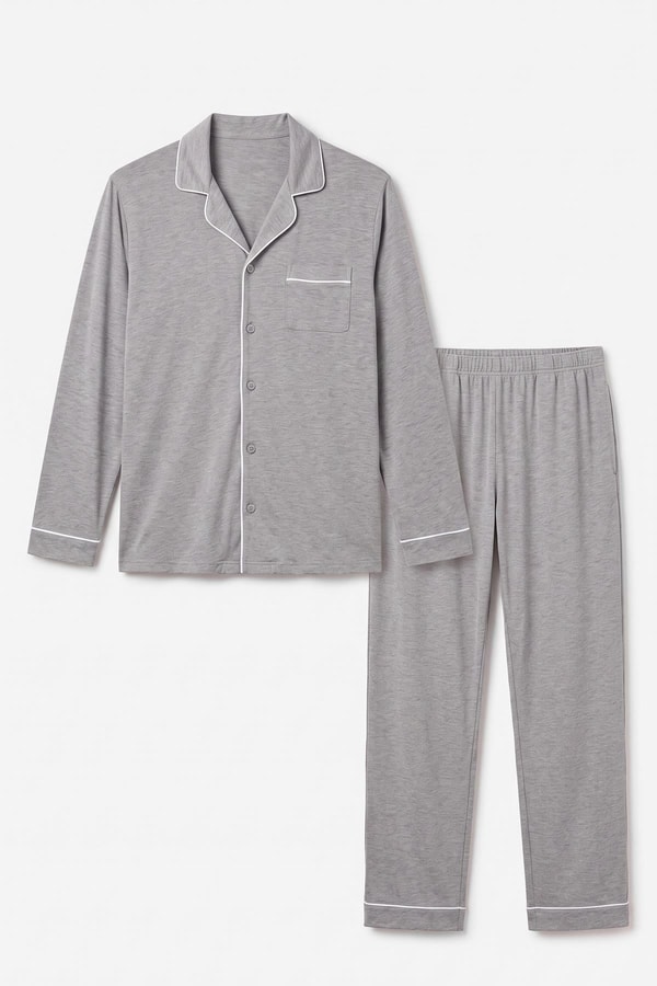 Mısırlı Erkek Gömlek Yaka Biye Detaylı Pijama Takım Gri Melanj