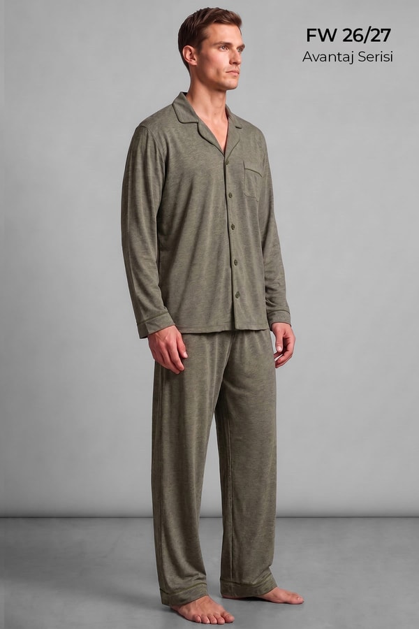 Mısırlı Erkek Gömlek Yaka Biye Detaylı Pijama Takım Haki Melanj
