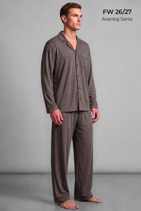 Mısırlı Erkek Gömlek Yaka Biye Detaylı Pijama Takım Kahverengi Melanj
