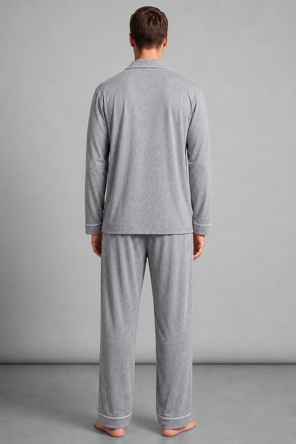 Mısırlı Erkek Gömlek Yaka Biye Detaylı Pijama Takım Gri Melanj