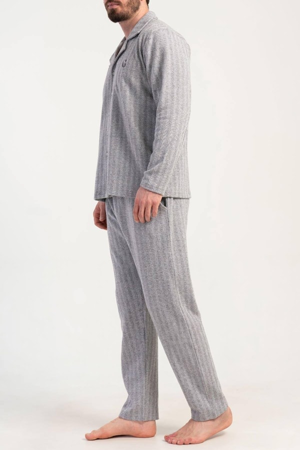 Mısırlı Erkek İnterlok Çizgili Uzun Kollu Gömlek Pijama Takımı Açık Gri