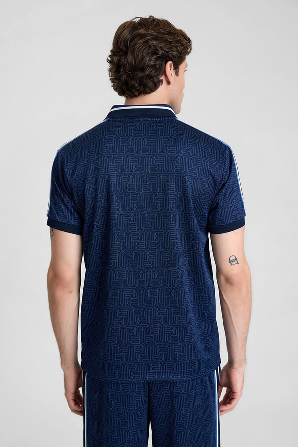 Mısırlı Erkek Jakarlı İnterlok  Monogram Desenli Tiktak Detaylı SLIM FIT Polo Yaka T-shirt Lacivert