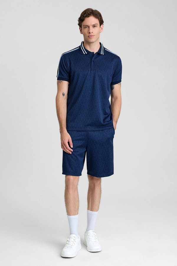 Mısırlı Erkek Jakarlı İnterlok  Monogram Desenli Tiktak Detaylı SLIM FIT Polo Yaka T-shirt Lacivert