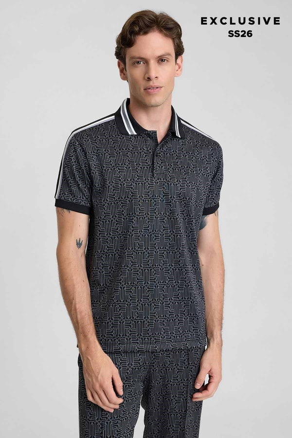 Mısırlı Erkek Jakarlı İnterlok  Monogram Desenli Tiktak Detaylı SLIM FIT Polo Yaka T-shirt Siyah