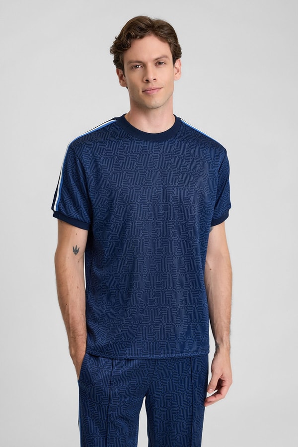 Mısırlı Erkek Jakarlı İnterlok  Monogram Desenli Tiktak Detaylı T-shirt Lacivert