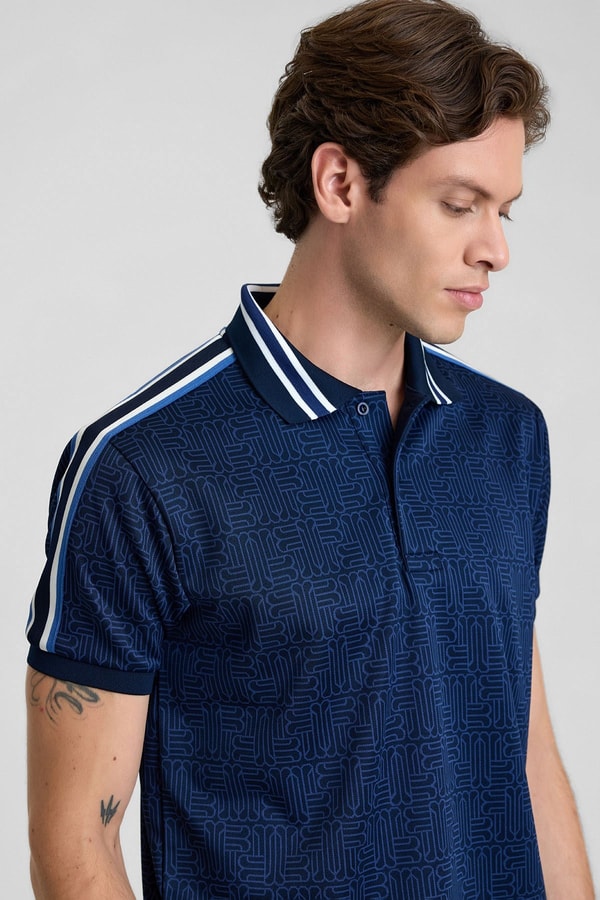 Mısırlı Erkek Jakarlı İnterlok  Monogram Desenli Tiktak Detaylı SLIM FIT Polo Yaka T-shirt Lacivert