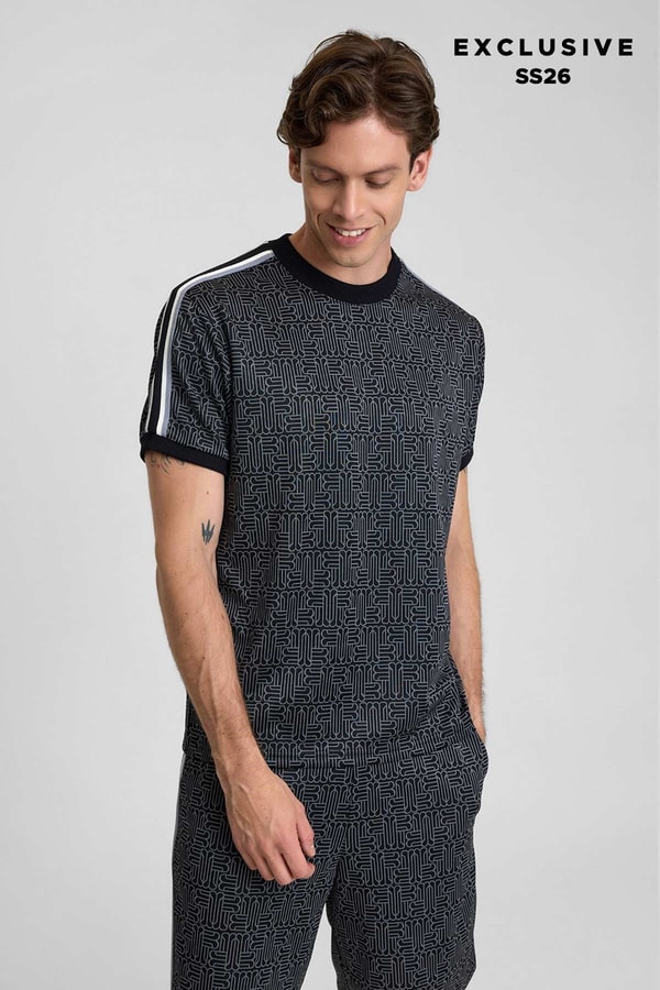 Mısırlı Erkek Jakarlı İnterlok  Monogram Desenli Tiktak Detaylı T-shirt Siyah