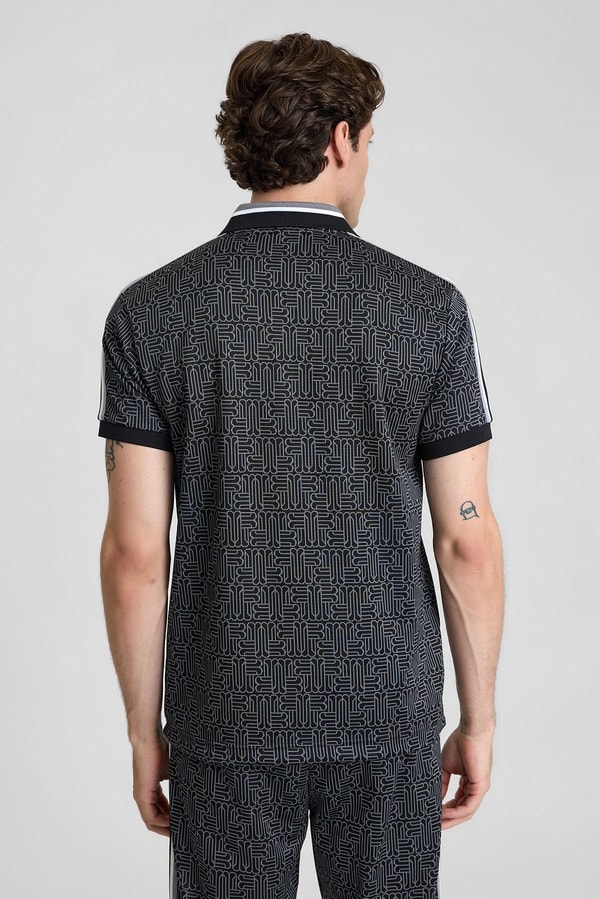 Mısırlı Erkek Jakarlı İnterlok  Monogram Desenli Tiktak Detaylı SLIM FIT Polo Yaka T-shirt Siyah