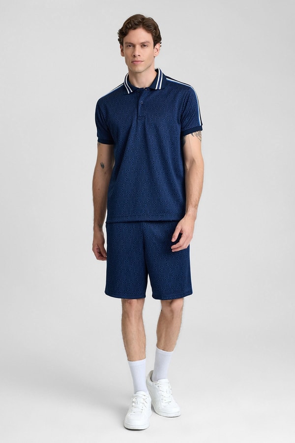 Mısırlı Erkek Jakarlı İnterlok  Monogram Desenli Tiktak Detaylı SLIM FIT Polo Yaka T-shirt Lacivert