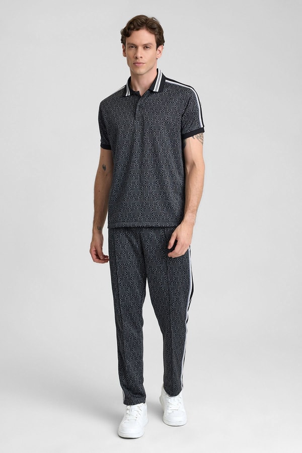 Mısırlı Erkek Jakarlı İnterlok  Monogram Desenli Tiktak Detaylı SLIM FIT Polo Yaka T-shirt Siyah