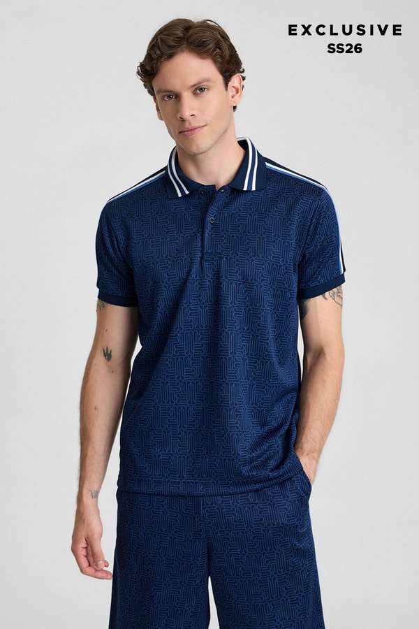 Mısırlı Erkek Jakarlı İnterlok  Monogram Desenli Tiktak Detaylı SLIM FIT Polo Yaka T-shirt Lacivert