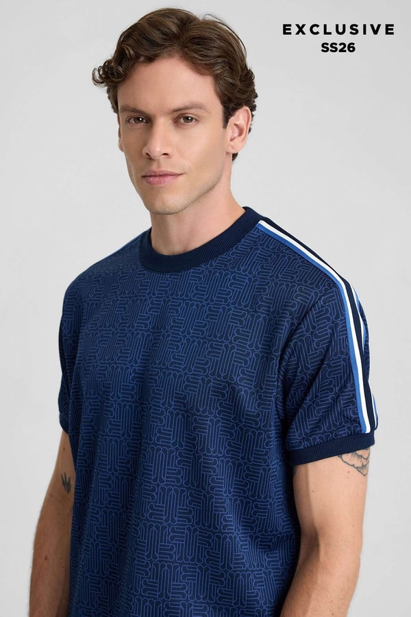 Mısırlı Erkek Jakarlı İnterlok  Monogram Desenli Tiktak Detaylı T-shirt Lacivert