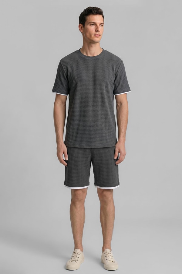 Mısırlı Erkek Jakarlı İnterlok Petek Desen Gofre T-shirt Antrasit