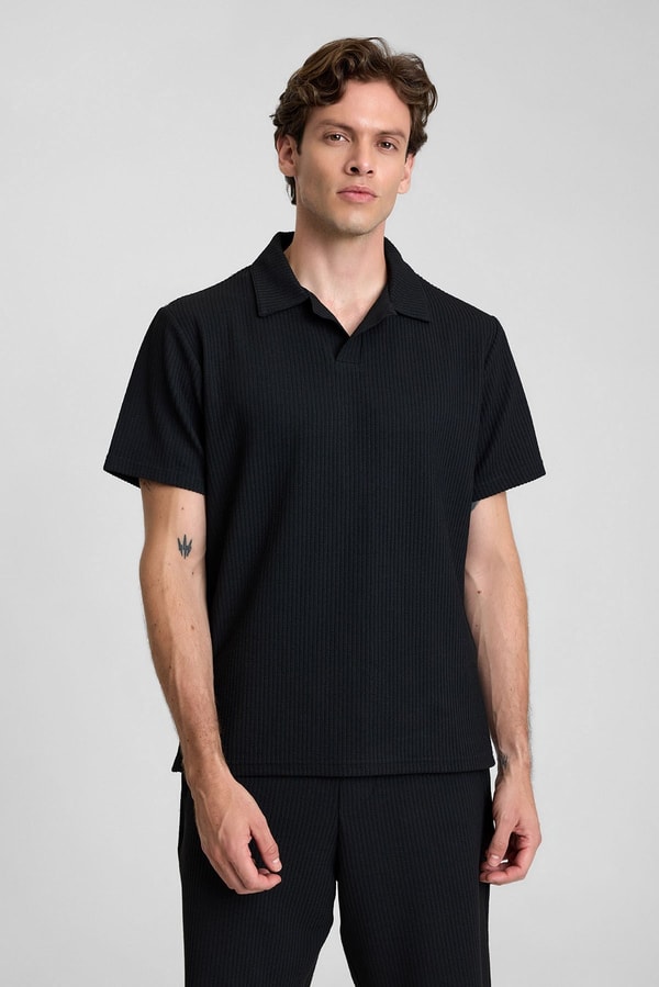 Mısırlı Erkek Jakarlı İnterlok Viskon Polo Yaka T-shirt Siyah