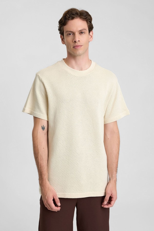Mısırlı Erkek Jakarlı Pamuk Bisiklet Yaka OVERSİZE T-shirt Bej