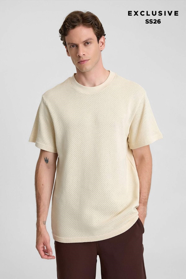 Mısırlı Erkek Jakarlı Pamuk Bisiklet Yaka OVERSİZE T-shirt Bej